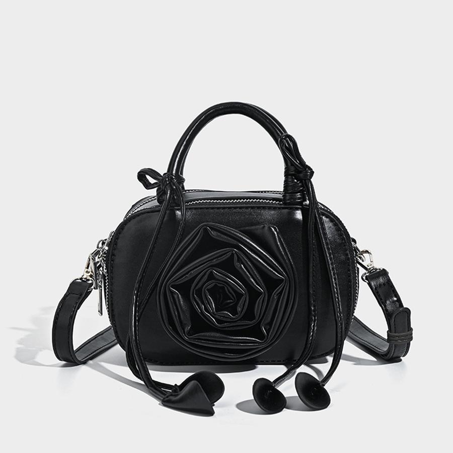 Fashion Three-dimensional rose handbag versatile pu leather single-shoulder crossbody small square bag red/black totes clutch