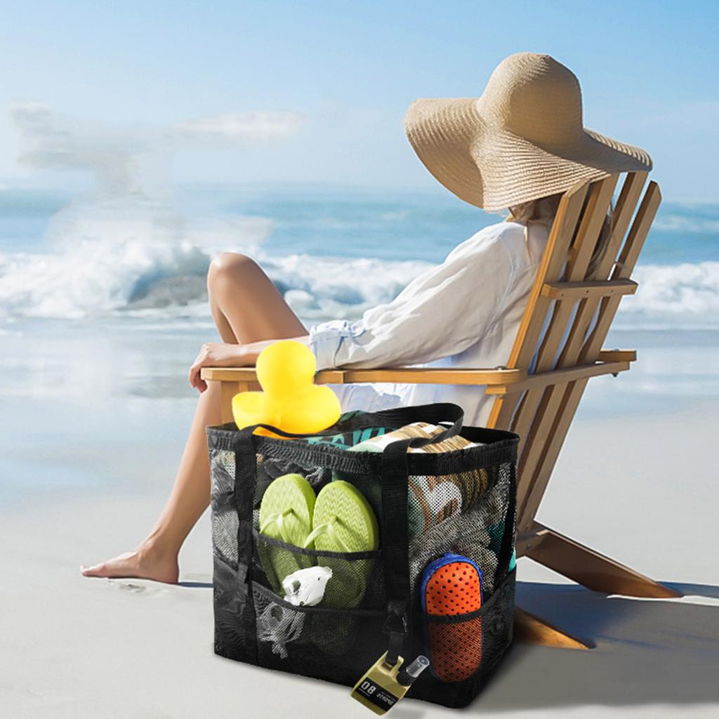 Spacious Mesh Beach Bag with Comfortable Handle Multiple Pocket Storage Handbag Swim Bag for Family Outings