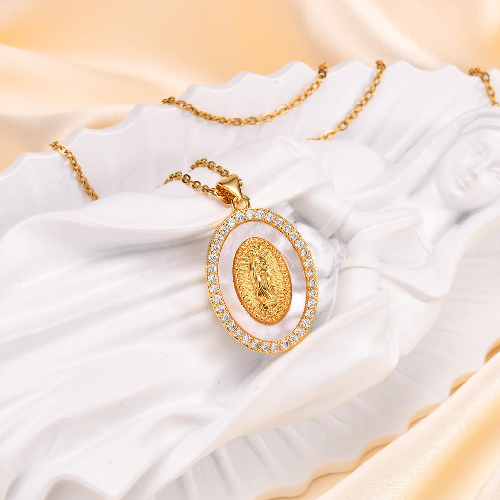 Classic Holy Virgin Mary Oval Shell Pendant Necklace for Women, Vintage Gold Plated Catholic Religious Pray Jewelry Gift