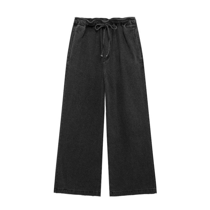 2025 Euro-American Style Denim Open Collar Top & High Waist Wide Leg Pants Set