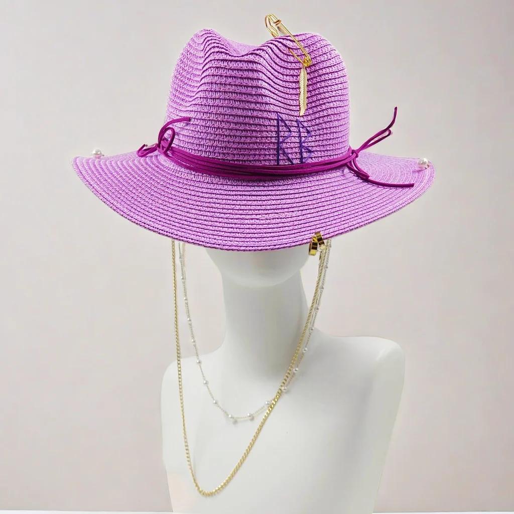 LOVE chain straw hat high-end men and women summer outdoor vacation beach sun hat Panama straw hat