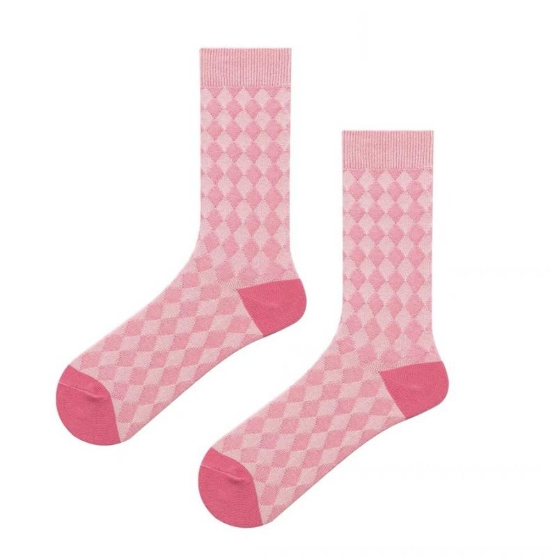 

Pink Mid-Tube Women S Socks Color-Blocked Cloth Label Jewelry Retro Diamond Plaid Socks Sports Outer Socks One size fits all