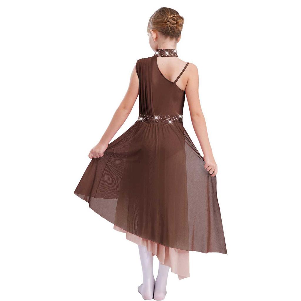 Mädchen Lyrisches Tanzkostüm Ärmelloser Turnanzug mit Ausschnitt-Rückendesign Asymmetrischer transparenter Mesh-Rock