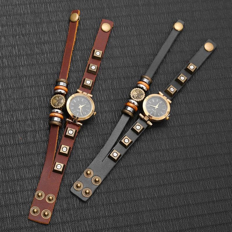 Vintage Punk Mens Leather Watch With Handmade Beaded Band Digital Quartz Wristwatch Adults