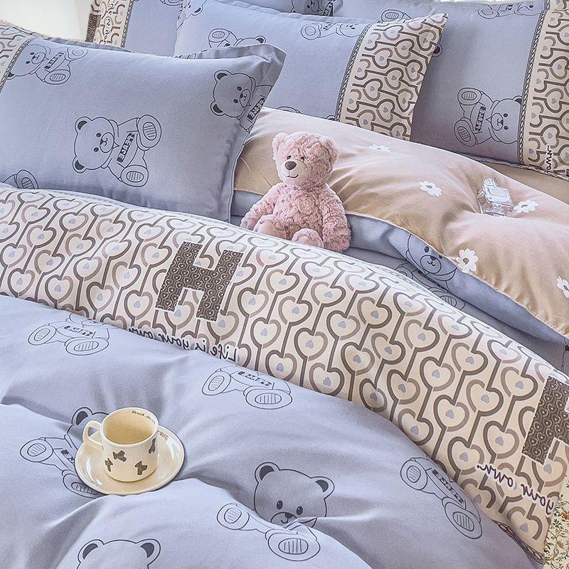 Simple Class A Washed Cotton Four-piece Bedding Set Princess Style Printed Quilt Cover Dormitory Bed Sheet Three-piece Quilt Cover
