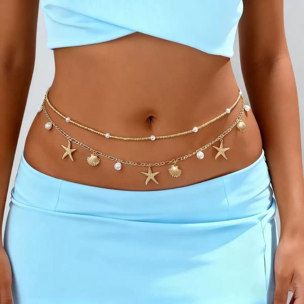 2 Pcs/set Shell Beads Body Chain Imitation Pearl Belly Chains Elegant Starfish Waist Chain  Summer