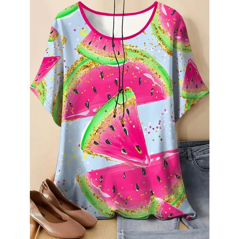 Fashion Women's Crew Neck Short Sleeve 3D Casual Color Printing Casual Short Sleeve Crew Neck T-Shirt