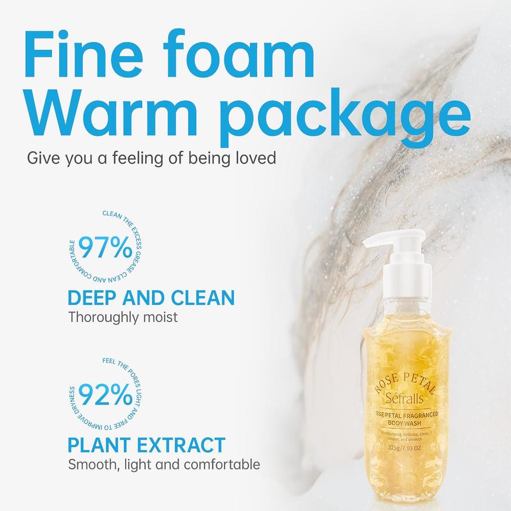 Bagnoschiuma Profumo di Petali di Rosa 225g, Pulizia profonda, idratante e idratante, contenente petali di rosa autentici