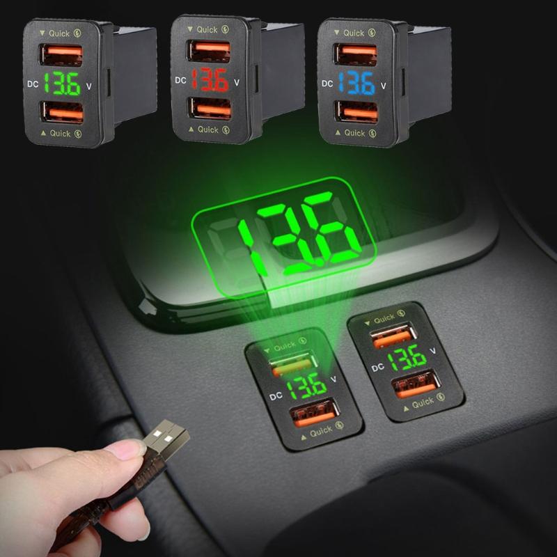 Dual USB Automotive Charger QC3.0 Phone Fast Charge Automatic Adapter LED Voltmeter Socket  12-24V