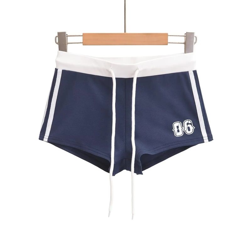 

Retro Elastic Slim-Fit Short V-Neck Color-Blocked Long-Sleeved T-Shirt + Elastic Waist Tie-Up Hip-Hugging Shorts Two-Piece Set for Women in Autumn Navy Blue Pants S