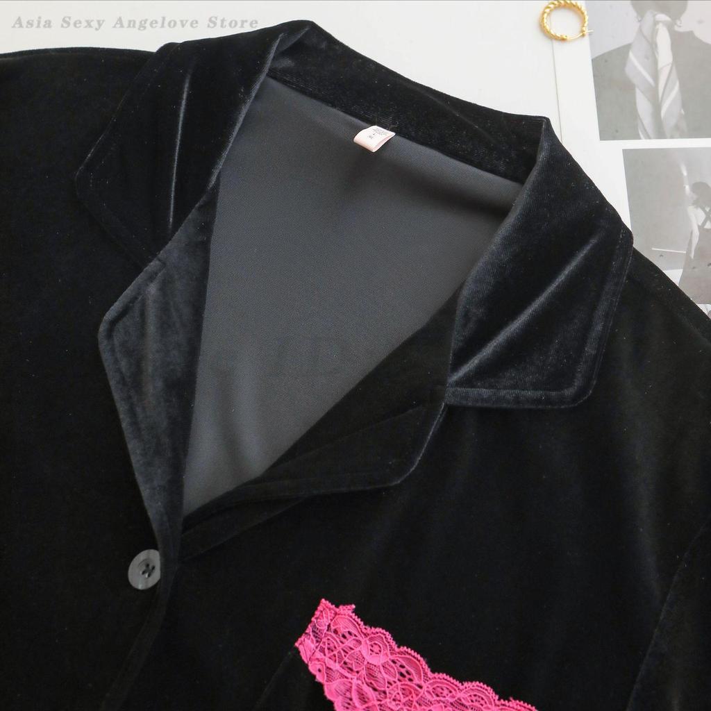Long Sleeved Velvet Cardigan Trousers Pijamas Suit Lace Edges Sweet Lapel Home Wear Sleepwear Autumn Winter Lingerie Loungewear
