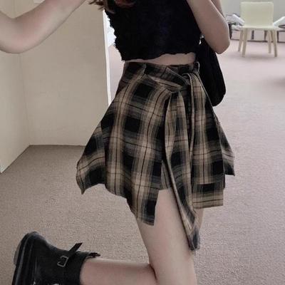 Women's Summer Retro High-Waist Irregular Plaid Midi Skirt with Faux Two-Piece Shorts