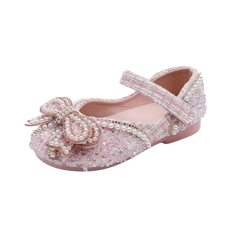 Mädchenschuhe Bling Einzelne Schuhe für Bühnenauftritt Mary Janes Schleife Kristall Glitzer Hochzeit Ballerinas Tanzparty Lederschuhe Neu