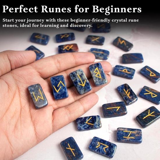 Crocon Sodalite Rectangle Shape Gemstone Runes with Elder Futhark Alphabet Engraved 25 Pcs Rune Set Crystal Divination Metaphysical : 20-25mm