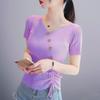 Women's Ice Silk V-neck Tie-Up Short-Sleeve Knitted Top, 2025 Summer Slim-Fit Button Pullover