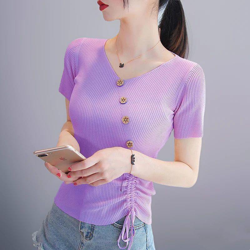 Women's Ice Silk V-neck Tie-Up Short-Sleeve Knitted Top, 2025 Summer Slim-Fit Button Pullover