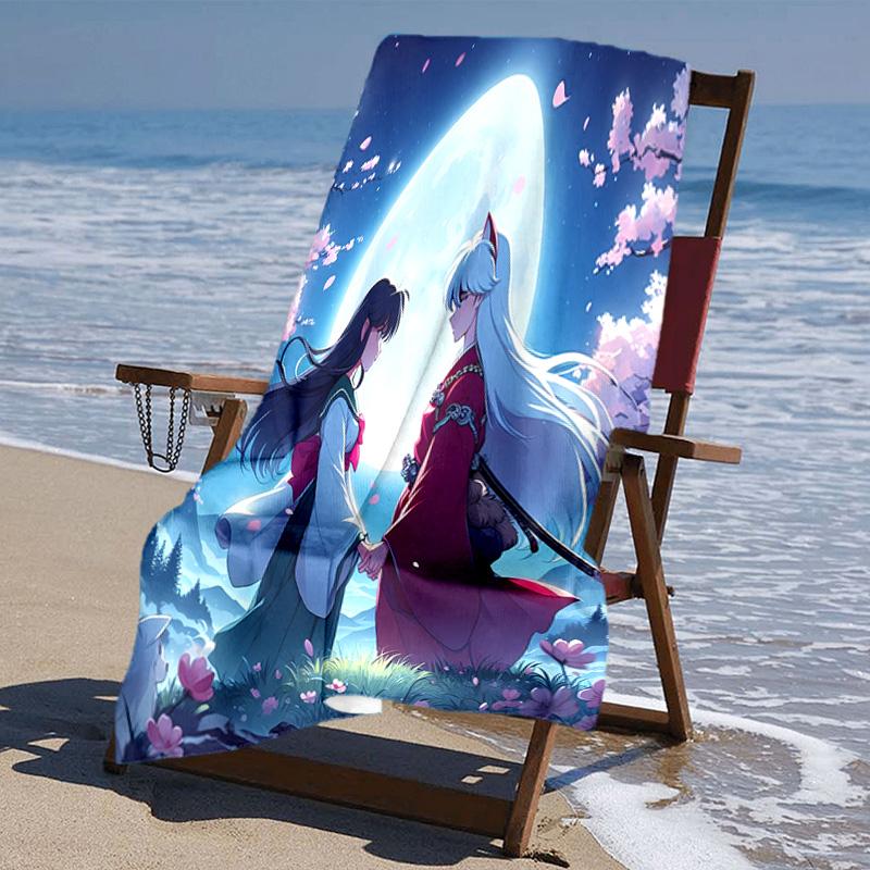 proof beach towel with Inuyasha & Kagome pattern - soft,absorbent,quick-drying,machine washable - perfect for swimming,camping,bathing
