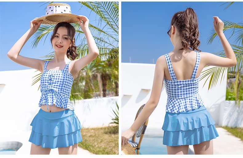 Mädchen Getrennter Grundschule Junior Mädchen Badeanzug [AILITI] Badeanzug, 2-teiliges Set, Tankini, Schulterfreier Rock, Kinder, Schüler, (M, Blau)
