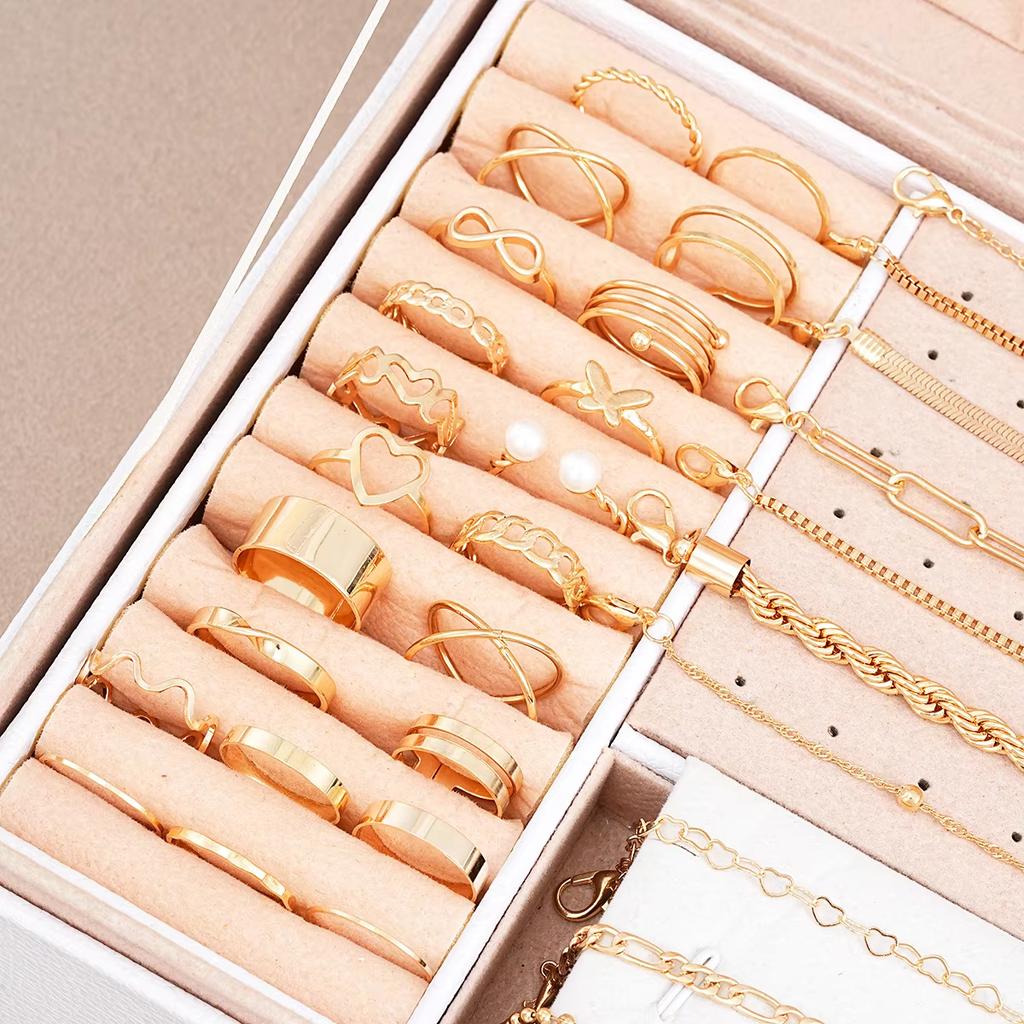 40 Pcs/Set Elegant Geometric Pearl Rings Multi-Layered Heart Zircon Necklace Simple Bracelet 3-In-1 Jewelry Set For Women Gifts