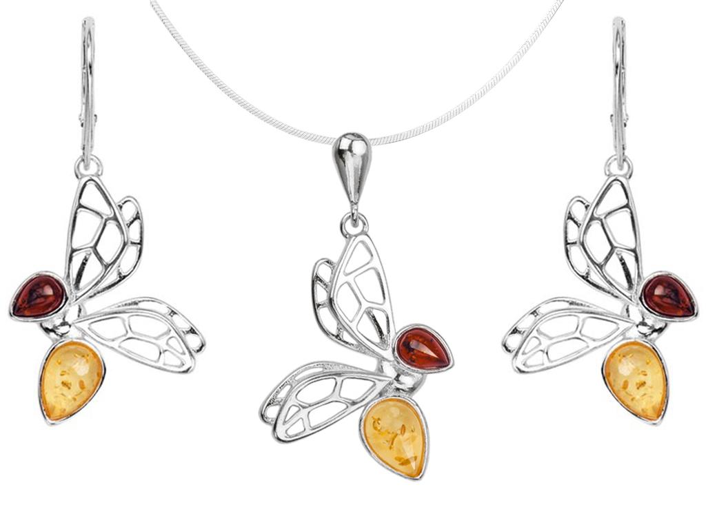 Set of Women' Silver Bee Jewelry with Amber Bee 925
