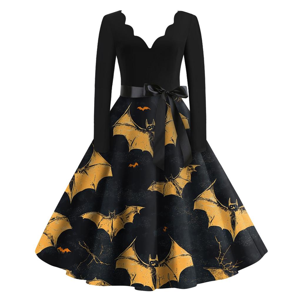 Women's Casual Fashion Halloween Printed V-Neck Vintage Dress