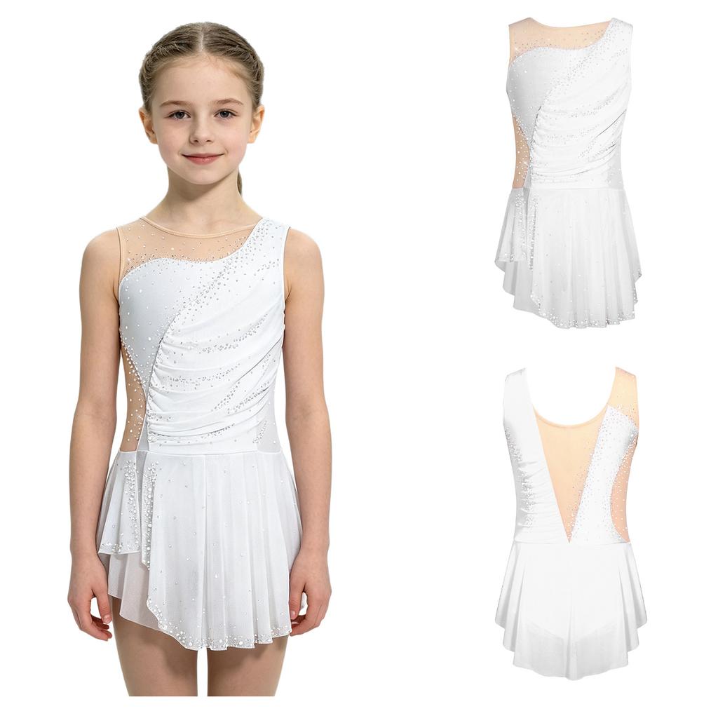 Abito da Gara da Ballo per Bambina Senza Maniche Patchwork Rete Strass Spacco Laterale con Slip Integrati per Pattinaggio Ginnastica Spettacolo