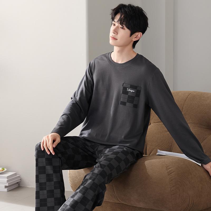 Men'S Pajamas Men'S Spring And Autumn Pure Cotton Long-Sleeved Men'S Autumn Cotton Casual Loungewear Set