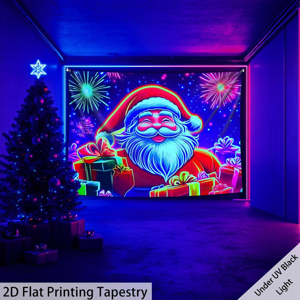 Christmas Santa Claus Fluorescent Tapestry Outer Space UV BlackLight Tapestry, Wall Hanging For Living Room Bedroom Office Home Decor