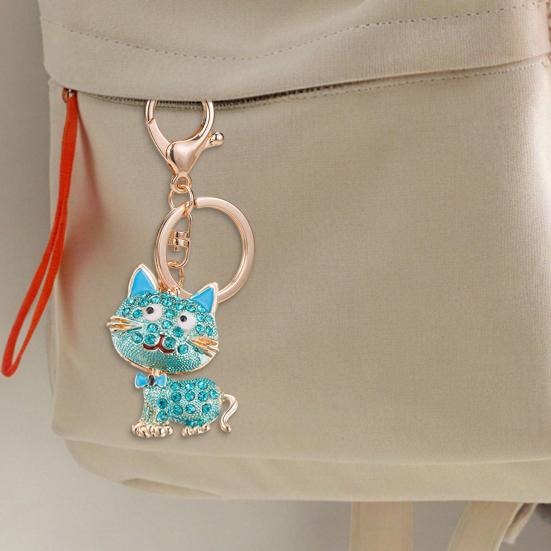 Keychain Pendant 3D Cartoon Cat Design Sparkling Rhinestones Inlaid Key Chain with Lobster Clasp Key Ring Bags Accessories