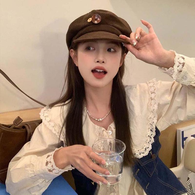 Womens Corduroy Octagonal Newsboy Cap Double Wooden Buttons Soft Face Flattering Beret Hat For Autumn Winter Daily Outfit