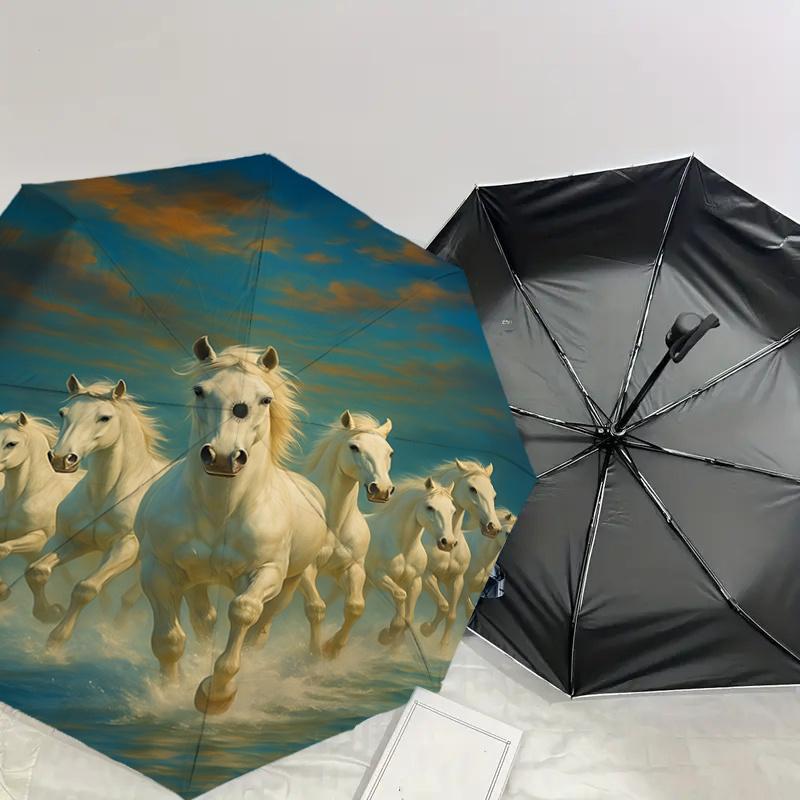 Elegant White Horse Stamp Design Automatic Opening/Closing Umbrella with Foldable Design, , Travelers, Daily Use - Perfect Gift for All Occa