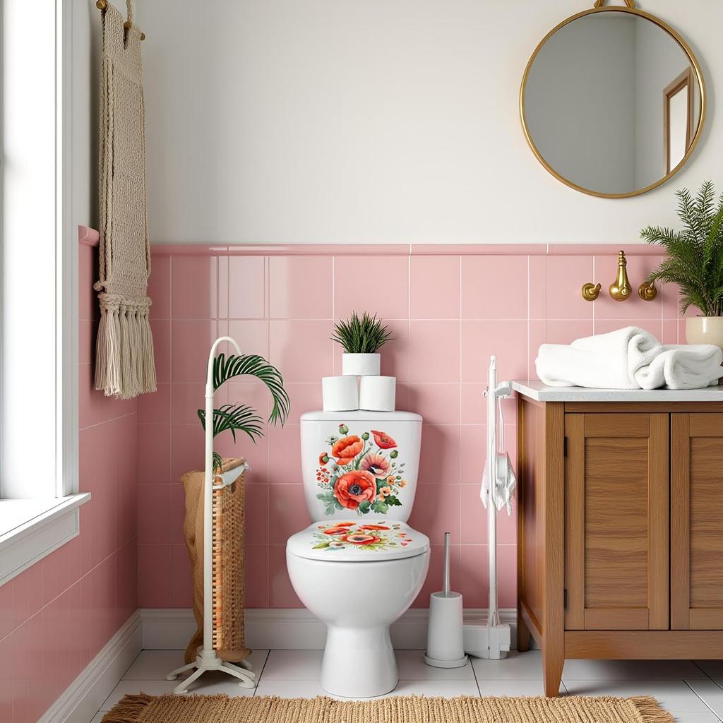 3Pcs Red 3D Poppy Flowers Toilet Seat Wall Sticker Self-Adhesive DIY Removable Watercolor Bouquet Toilets Stickers for Cistern Bathroom WC Restroom