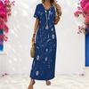 Women Plus Size V Neck Short Sleeve Floral Printed Straight Long Dress