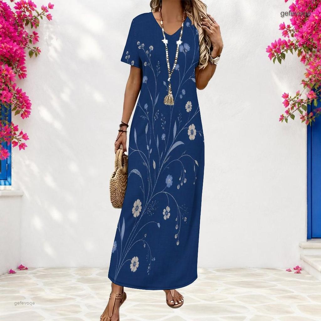 Women Plus Size V Neck Short Sleeve Floral Printed Straight Long Dress
