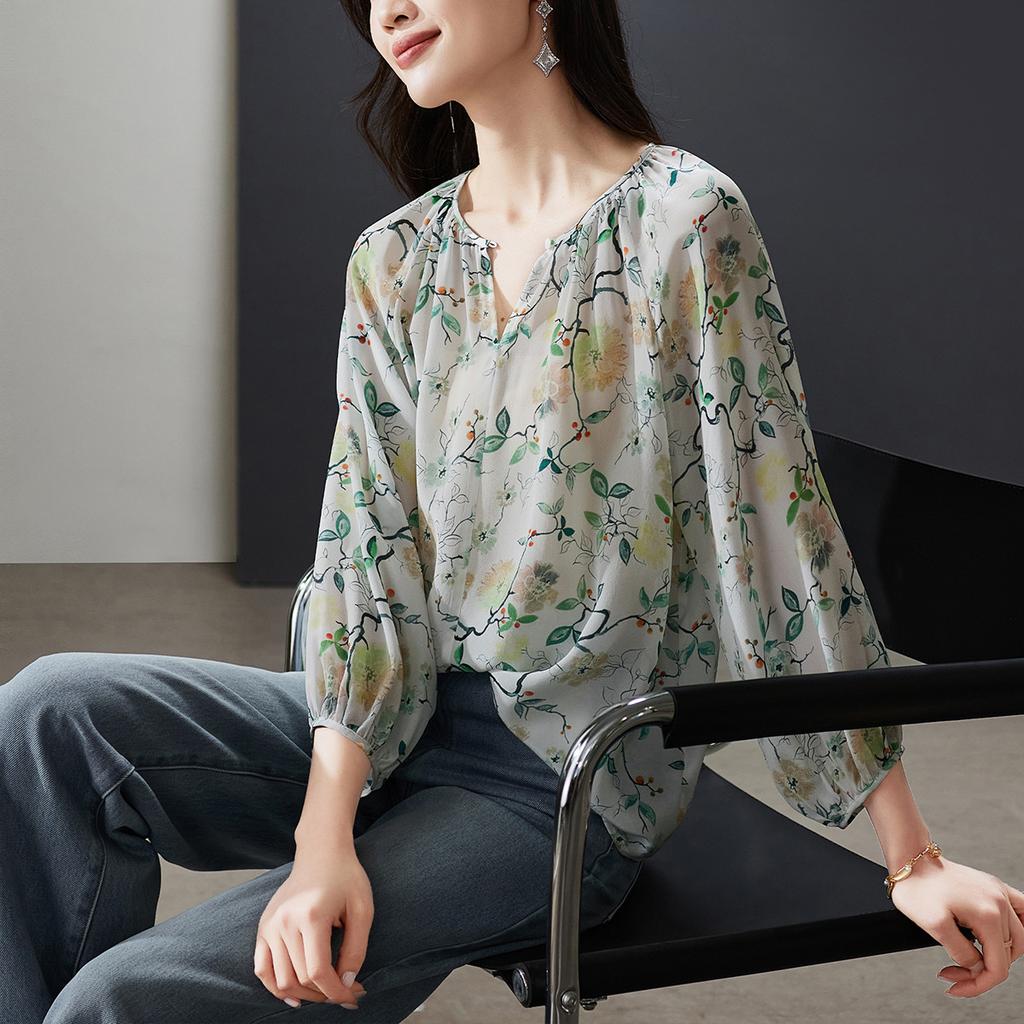 100% mulberry silk printed shirt for women's 2026 spring fashion versatile round neck silk top