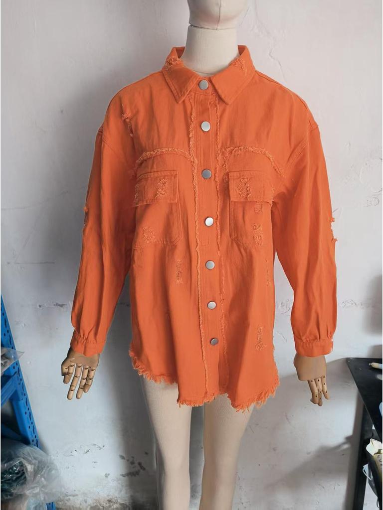 Women's Ripped Denim Jacket - Solid Color, Loose Fit, Long Sleeve, European & American Style