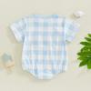 Baby Boys Girls Rompers Short Sleeve Round Neck Duck Embroidery Checkered Print Bodysuit Playsuit
