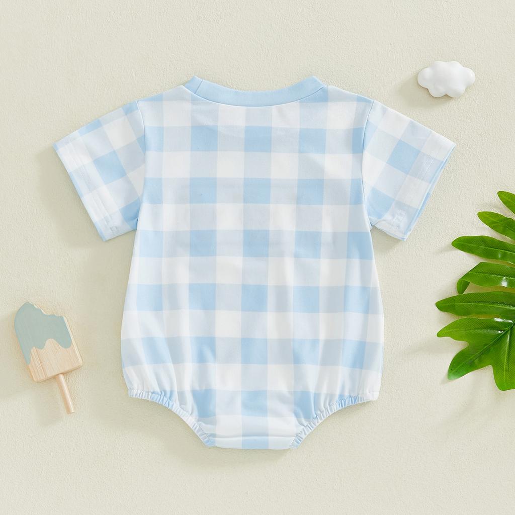 Baby Boys Girls Rompers Short Sleeve Round Neck Duck Embroidery Checkered Print Bodysuit Playsuit