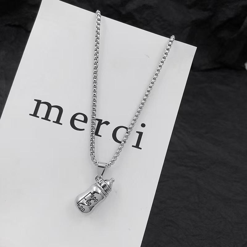 Chic Personalized Milk Bottle Pendant Necklace - Hip Hop Street Style Unisex Children's Fashion Accessory