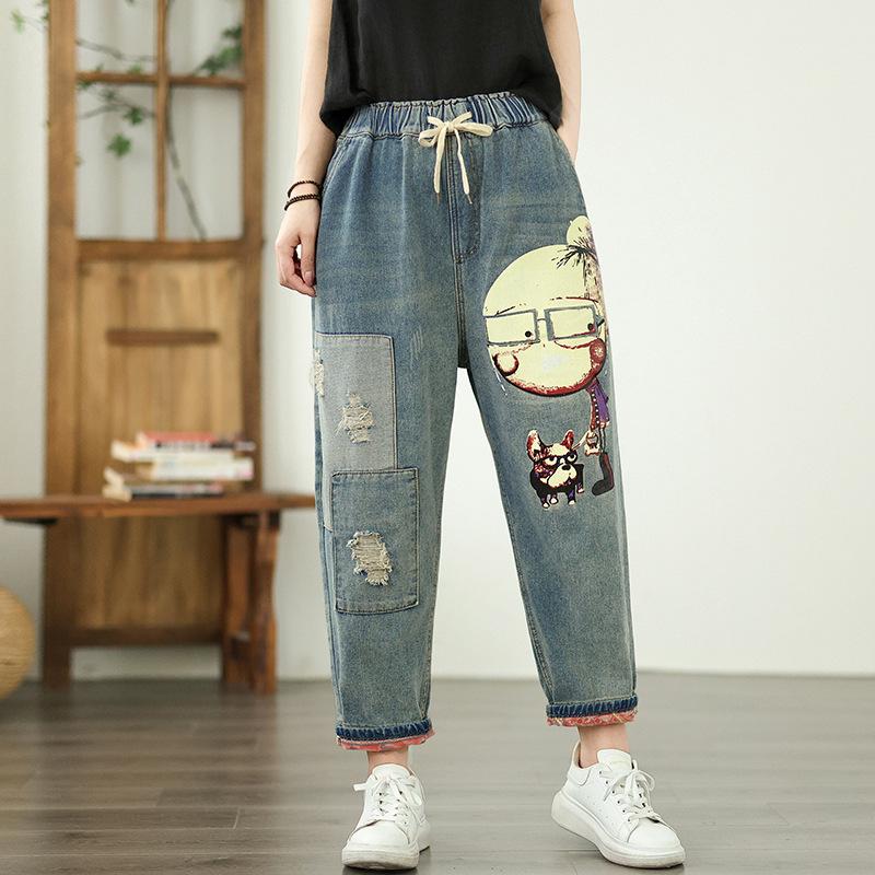 Cartoon Printed Jeans Female 2025 Summer Drawstring High Waist Denim Pants Women Streetwear Hole Jeans