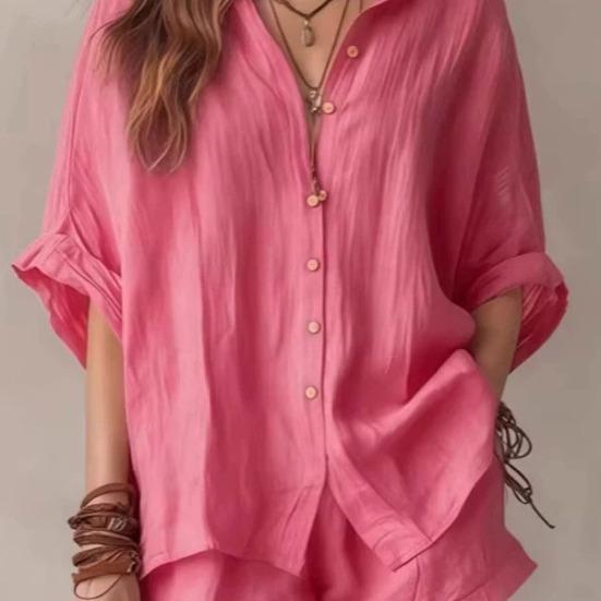 Women Summer Two Piece Outfit Casual Short Sleeve Button Down Shirt And Shorts Casual Lounge Sets with Pockets