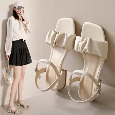 Γυναικεία πέδιλα με ψηλά τακούνια, 2024 λουράκια, peep toes, χαμηλό τακούνι βολάν, γλυκιά μόδα, φορέστε γυναικεία παπούτσια το καλοκαίρι