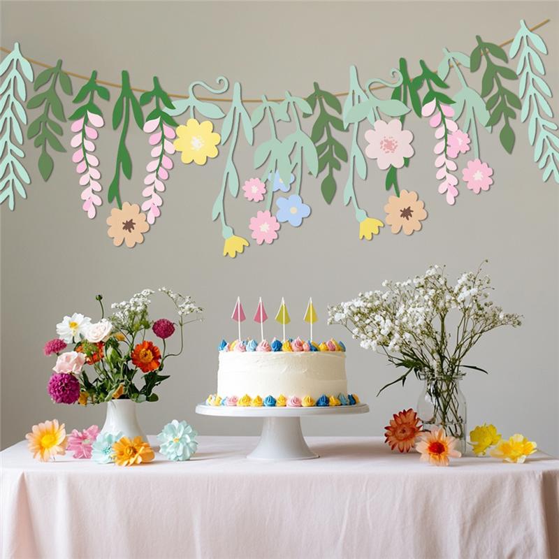 A03F-Flower Banner,Double-Sided Boho Floral Leaf Colorful Wildflower Party Decor For Bridal For Birthday Garden Wedding