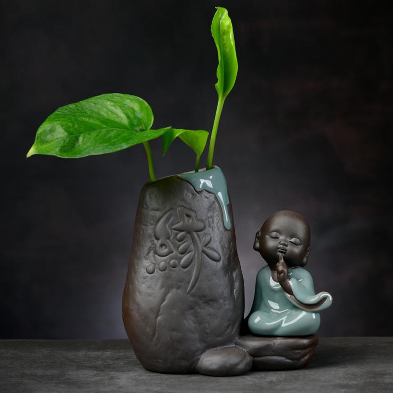 DXUIALOI Neu Chinesisch Kreativ Hydrokultur Pflanzen Chrysantheme Kupfer Geld Blumentopf Vase Zen Keramik Handwerk Heimdekoration