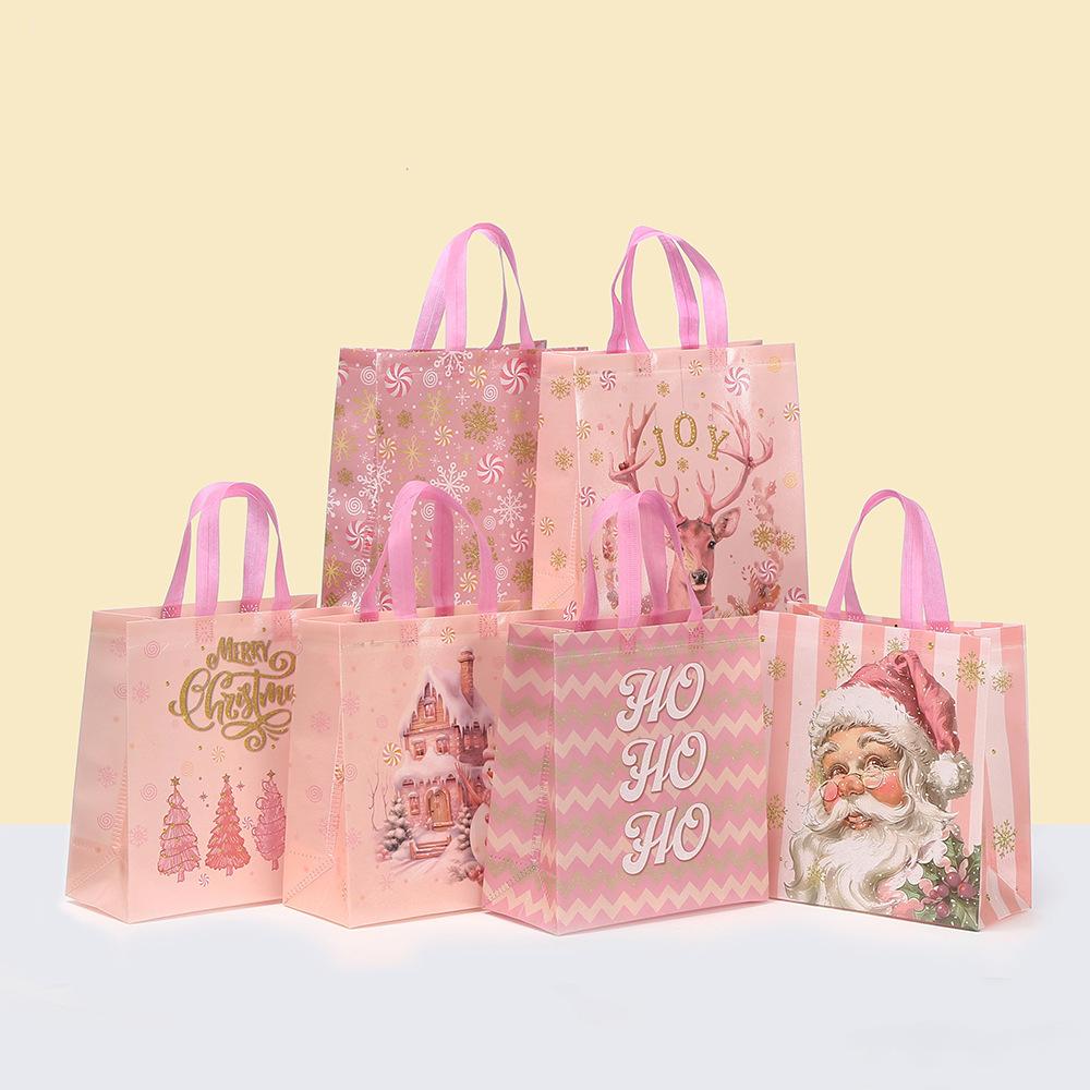 12/30pcs Pink Christmas Tote Bags Reusable Gift Bags for Holiday Parties Markets Classroom Favors