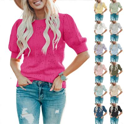 Moda feminina gola redonda cor sólida manga bolha manga curta oco ajuste malha suéter top