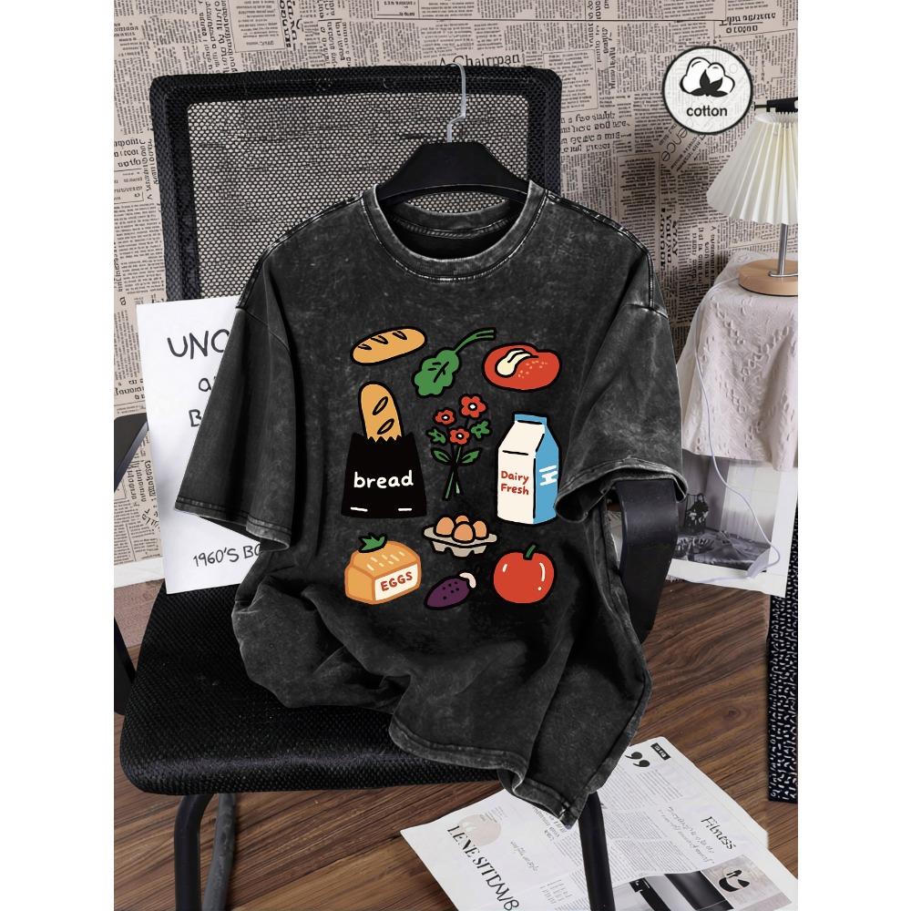 Bread Eggs Dairy Fresh Milk Print Washed T-Shirt Women Summer Casual T Shirt Cotton Loose Short Sleeve O-Neck Clothes