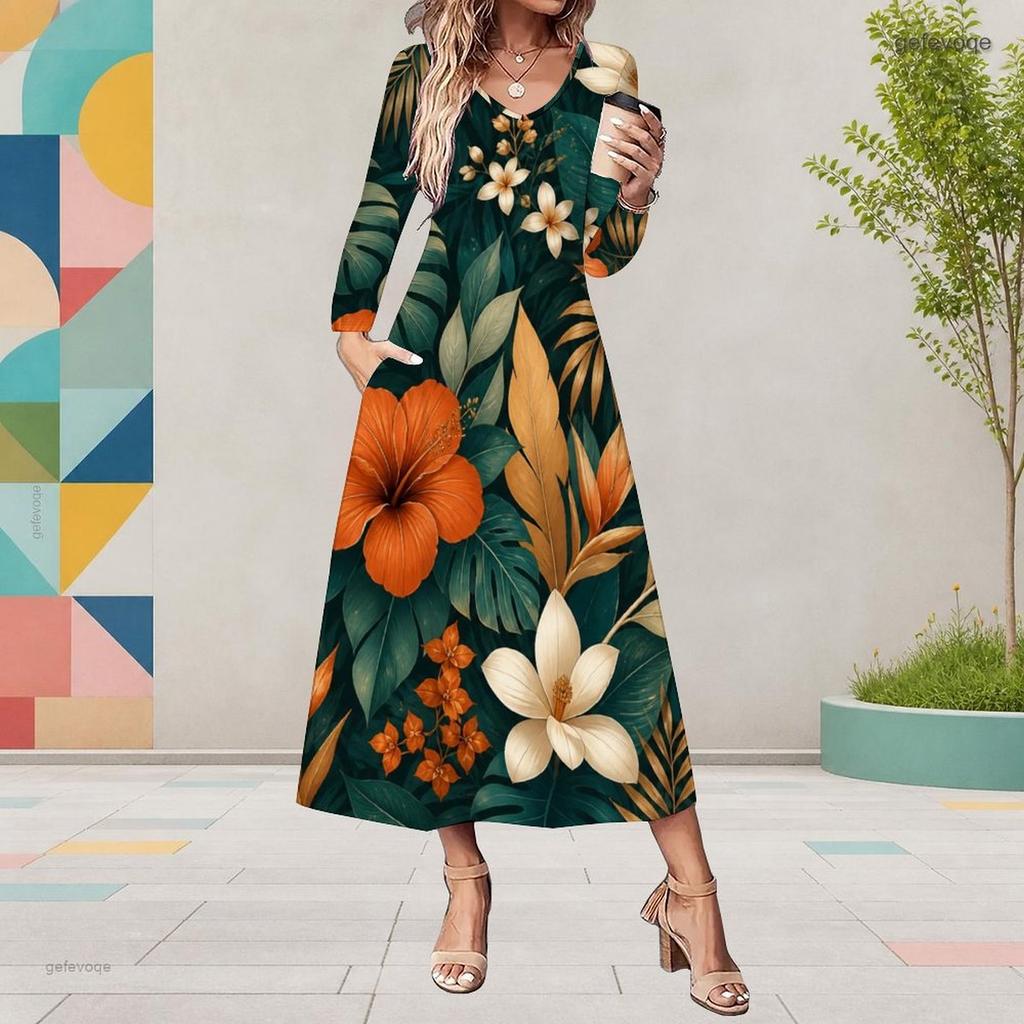 Women Plus Size V Neck Long Sleeve Red Floral Printed A Line Midi Dress With Pockets