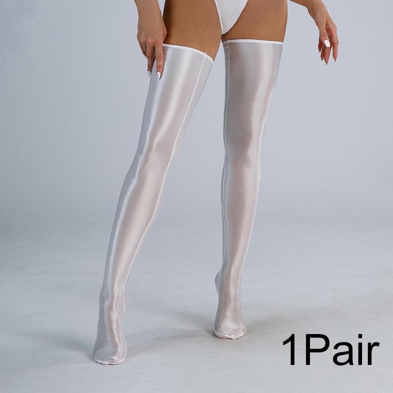 1Pair Lingerie Glossy Nylon Hosiery Oily Women's Shiny Stockings Solid Color Thigh High Socks