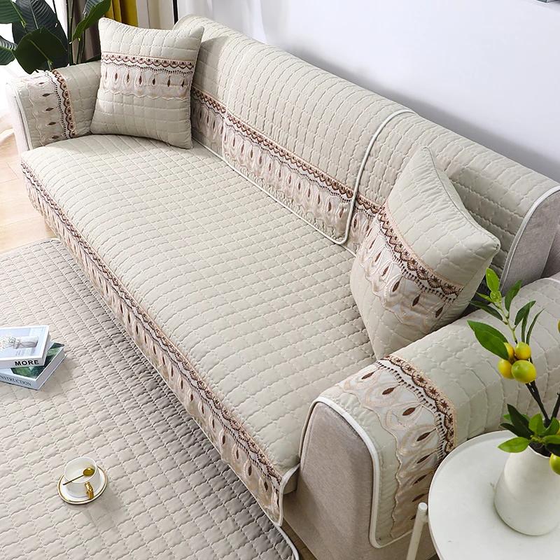 Solid Color Simple Fabric Sofa Cushion Home Decoration Anti Slip Sofa Pad 1/2/3/4/ Seater & L Shape Couch Pad Sofa Cover Towel